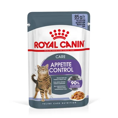 Royal Canin CARE Appetite Control, 85 g. Tekst: Proven results over 90% of owners reported controlled begging in 4 weeks. Billede af kat og foder i gelé.