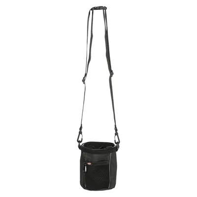 Black bag with adjustable shoulder strap, front mesh pocket and carabiner. Suitable for transport or storage.