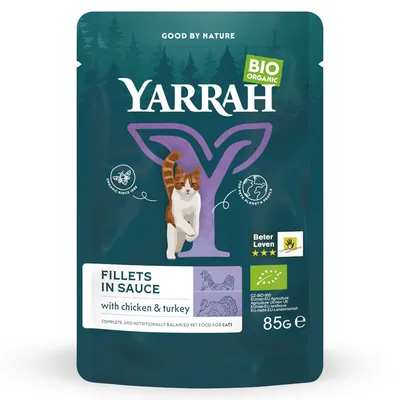 Yarrah Bio Organic filéty v omáčce s kuřetem a krůtou, 85g. Certifikáty: EU-Bio, Beter Leven 3 hvězdy. Pro kočky. Kompletní a vyvážené krmivo.