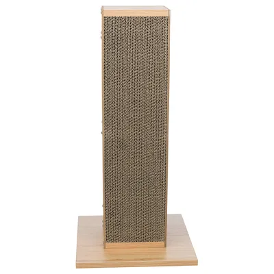 Scratching post made of wood with cardboard scratching surface, rectangular base.