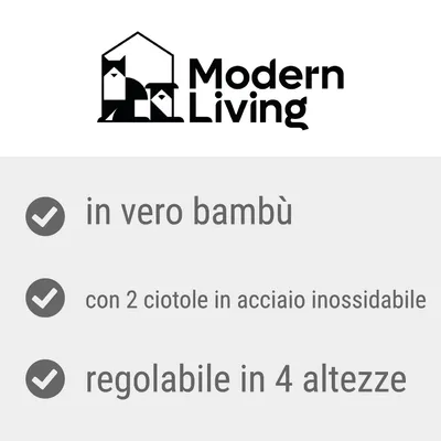 Modern Living. in vero bambù, con 2 ciotole in acciaio inossidabile, regolabile in 4 altezze.