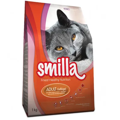 Опаковка Smilla Finest Healthy Nutrition ADULT Geflügel, 1 кг, с изображение на сива котка. Видими са икони за витамини, таурин, висококачествени протеини и лесна смилаемост.