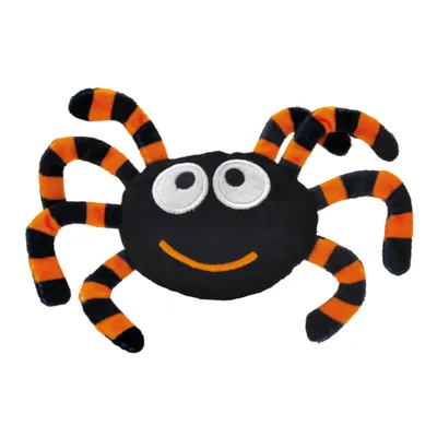 Plysdyr formet som en sort edderkop med orange-sortstribede ben, store hvide øjne og et orange smil.