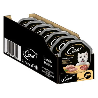 Cesar klassik-terrine 2×7×150g multipack, visible trays with dog image, poultry and beef shown on packaging, recyclable symbol, barcode, text in German and French