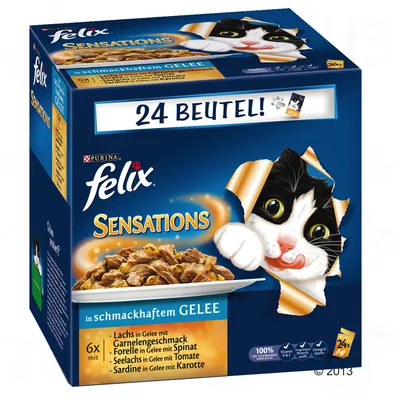 Purina felix Sensations kattenvoer, 24 zakjes. Smaken: zalm met garnalen, forel met spinazie, koolvis met tomaat, sardine met wortel. In smakelijke gelei.