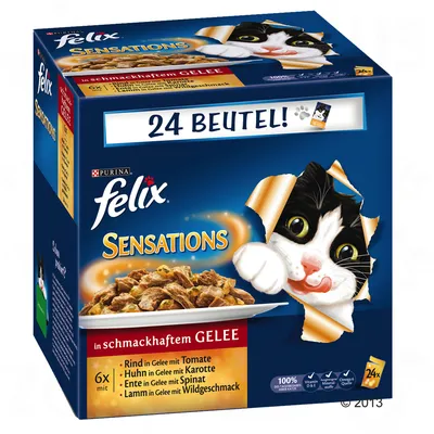 Felix Sensations kattenvoer, 24 zakjes. Smaken: rund met tomaat, kip met wortel, eend met spinazie, lam met wildsmaak. In smakelijke gelei. 100% compleet, omega 6, vitamines D & E.