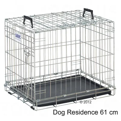 Metal wire crate with handles and removable tray, labelled as Dog Residence 61 cm.