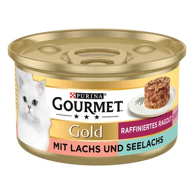 Purina Gourmet Gold Raffiniertes Ragout с сьомга и сайда, консервирана храна за котки в златна консерва.