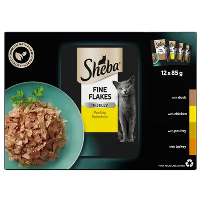 Sheba Fine Flakes in Jelly Poultry Selection, 12 x 85g. Includes with duck, with chicken, with poultry, and with turkey. High in natural quality ingredients. 100% recyclable paper.
