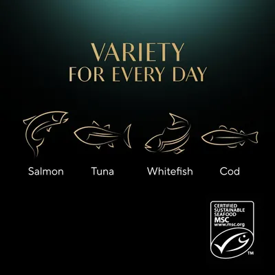 Variety for every day: salmon, tuna, whitefish and cod. Certified sustainable seafood MSC logo shown.