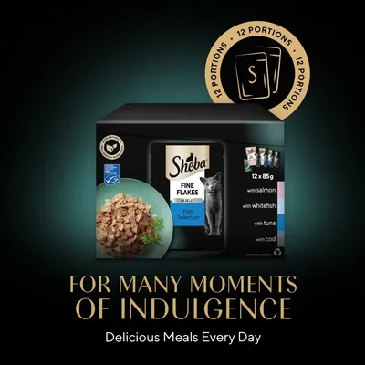 Sheba Fine Flakes in Jelly Fish Selection, 12 portions of 85g each with salmon, whitefish, tuna and cod. Text: For many moments of indulgence. Delicious meals every day.