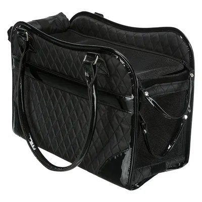 Schwarze Tragetasche mit gestepptem Design, glänzenden Griffen und Netzfenstern an den Seiten. Geeignet für Transportzwecke.