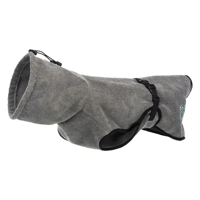 Manteau pour chien en tissu gris avec capuche, fermeture à boucle noire et cordon de serrage visible au niveau du cou. Broderie patte turquoise sur le côté.