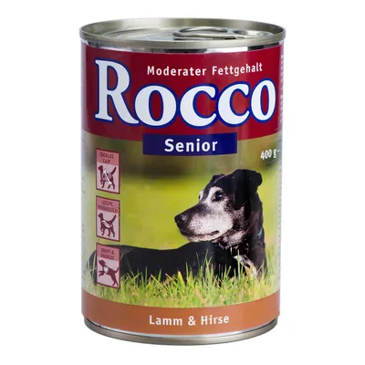 Rocco Senior hondenvoer, 400 g, lamsvlees & gierst. Tekst op blik: Moderater Fettgehalt, Ideales Ca/P, Leicht verdaulich, Kraft & Energie.