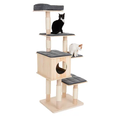 Kratzbaum aus Holz mit mehreren Ebenen, grauen Polstern und Sisal umwickelten Säulen. Zwei Katzen sitzen auf verschiedenen Plattformen.
