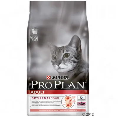 PURINA PRO PLAN ADULT OPTIRENAL Healthy Kidneys, reich an Lachs. Verpackung mit Katzenbild und ISFM-Logo.