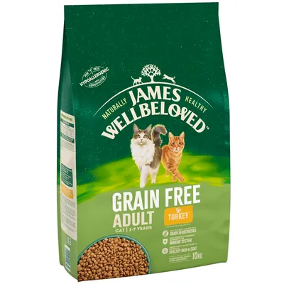 James Wellbeloved Grain Free Adult Cat 1–7 years, dinde, 10 kg. Texte visible : hypoallergenic, grain sensitivities, immune system, healthy skin & coat. Croquettes visibles en bas du paquet.