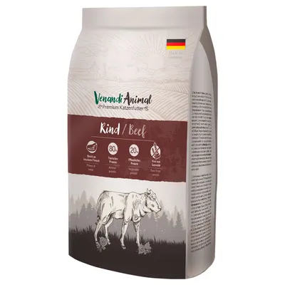 Venandi Animal Premium karma dla kotów, wołowina. Bogata w świeże mięso, 80% białka zwierzęcego, 20% białka roślinnego, bez zbóż. Wyprodukowano w Niemczech.