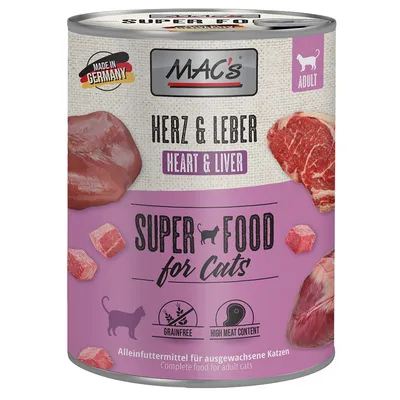 MAC's Herz & Leber Heart & Liver Super Food for Cats, Adult, Made in Germany, Grainfree, High Meat Content. Dåse med kødillustrationer og tekst på tysk og engelsk.