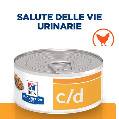 Hill's Prescription Diet c/d, lattina con scritta 'Salute delle vie urinarie' e simbolo arancione di pollo visibili sull'immagine.
