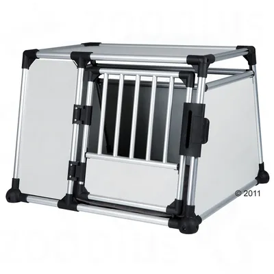Aluminium transport box with barred door and side panels, designed for secure pet travel in vehicles.