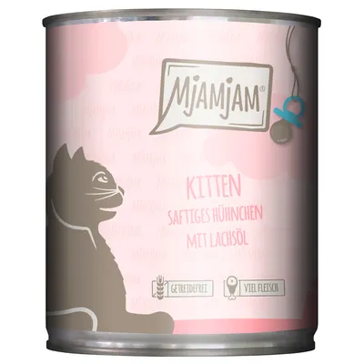 Mjamjam Kitten влажный корм, сочная курица с лососевым маслом, без зерна, много мяса. Упаковка с изображением кошки и розовым дизайном.