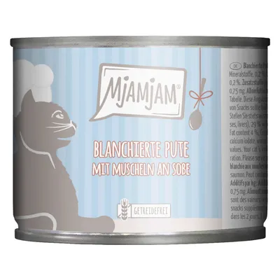 Mjamjam kattmat, blancherad kalkon med musslor i sås, spannmålsfri. Burk med blå randdesign och siluett av en katt.