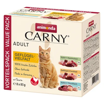 Animonda Carny Adult Poultry Variety, value pack with 8x85g. 100% fresh ingredients, grain-free, Made in Germany, with taurine. Varieties: chicken+rabbit, poultry cocktail, chicken+tuna.