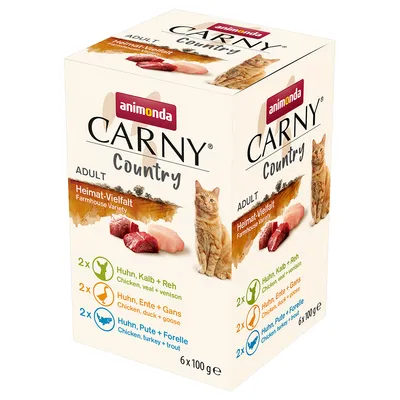 Опаковка Animonda Carny Country Adult, Farmhouse Variety, 6×100 г. Включва: 2× пиле, телешко и елен; 2× пиле, патица и гъска; 2× пиле, пуйка и пъстърва.