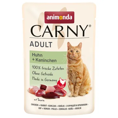 Animonda Carny Adult Chicken + Rabbit, 100% fresh ingredients, grain-free, Made in Germany, with taurine. Packaging shows an orange cat and meat pieces.