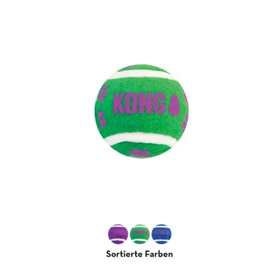 Pelota para perros KONG con texto visible 'KONG' y colores surtidos mostrados: verde, morado y azul. Texto en alemán: Sortierte Farben.
