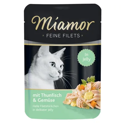 Pouch labelled 'Miamor Feine Filets', showing tuna and vegetables in jelly, with text 'mit Thunfisch & Gemüse' and 'helle Filetstückchen in delikater Jelly'.