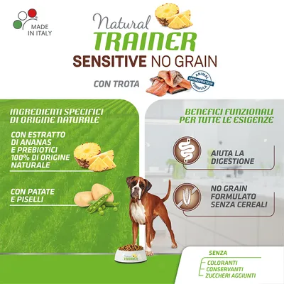 Natural Trainer Sensitive No Grain mit Forelle. Zutaten: Ananasextrakt, Kartoffeln, Erbsen. Vorteile: Unterstützt Verdauung, ohne Getreide. Made in Italy, keine Farbstoffe oder Zuckerzusätze.
