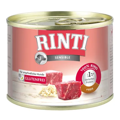 Konzerva Rinti Sensible, 100 % Rind, pro citlivé psy, bez lepku, pouze 1 živočišný protein, s rýží. Text: Für empfindliche Hunde, GLUTENFREI, 100% RIND, + REIS.
