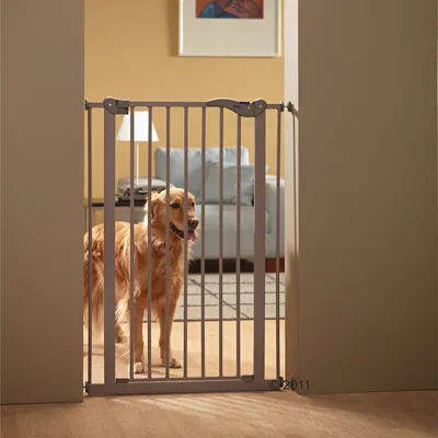 Hond achter metalen veiligheidshek in deuropening, woonkamer met bank en lamp op de achtergrond zichtbaar.