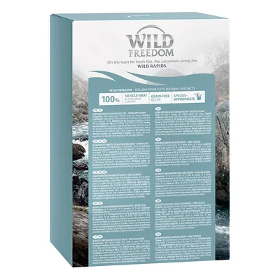 Emballage Wild Freedom, texte visible : 100 % muscle meat, grain-free recipe, species-appropriate. Informations en plusieurs langues sur la composition et l’utilisation.