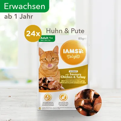 IAMS Delights Adult 1+ kissan märkäruoka, kana & kalkkuna kastikkeessa, 24 x 85 g. Pakkaus ja annospala näkyvissä. Teksti: Erwachsen ab 1 Jahr, Huhn & Pute.