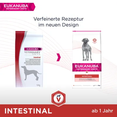 Eukanuba Veterinary Diets Intestinal. Verfeinerte Rezeptur im neuen Design, geeignet ab 1 Jahr. Verpackung zeigt Hundesilhouette und Produktdetails.