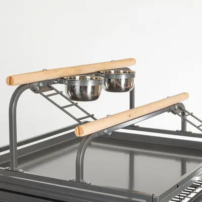 Plateau pour oiseaux avec deux perchoirs en bois, deux écuelles en métal et deux petites échelles métalliques fixées sur une structure en métal.