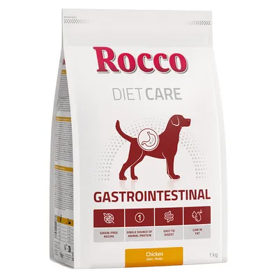 Sac de croquettes Rocco Diet Care Gastrointestinal, 1 kg, saveur poulet. Mentions visibles : grain-free recipe, single source of animal protein, easy to digest, low in fat.