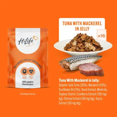 Tuna with mackerel in jelly, 16 packs. Ingredients: dolphin-safe tuna 35%, mackerel 15%, sunflower oil 2%, yeast extract, minerals, tapioca starch, cranberry, chicory, yucca extracts.