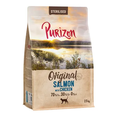 Purizon Sterilised Original Salmon with Chicken, 70% animal ingredients, 30% vegetables, 0% grain, 2.5 kg bag.