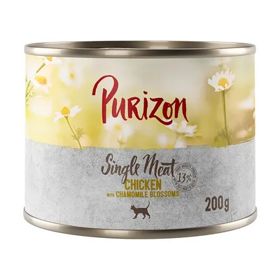 Purizon Single Meat Chicken s květy heřmánku, 13% podíl masa, 200g konzerva. Viditelný symbol kočky.