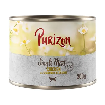 Purizon Single Meat Chicken with Chamomile Blossoms, 200 g. Illustration de fleurs de camomille sur l’étiquette. Pour chat indiqué par une silhouette de chat.