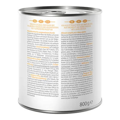 Dose mit der Aufschrift: Frisches Geflügel und Huhn mit Waldbeeren, Wurzeln und Wildkräutern. 100% getreidefreie Rezeptur. Zusammensetzung und Analysewerte für ausgewachsene Hunde sichtbar.