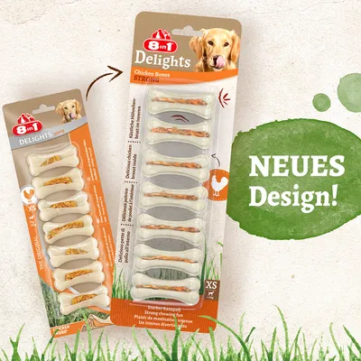 8in1 Delights Chicken Bones Strong XS, nova zasnova. Žvečilni priboljšek s piščančjimi prsi za majhne pse. Embalaža prikazuje izdelek in podrobnosti.
