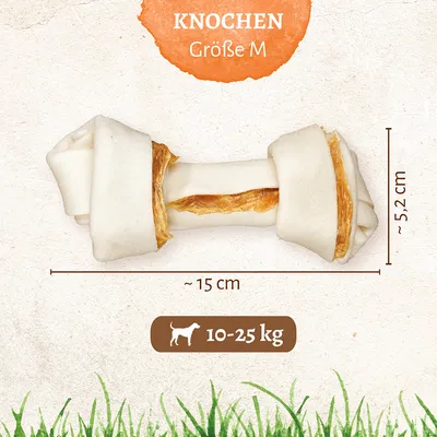 Kost velikost M, mere približno 15 cm x 5,2 cm, priporočeno za pse s težo 10–25 kg.