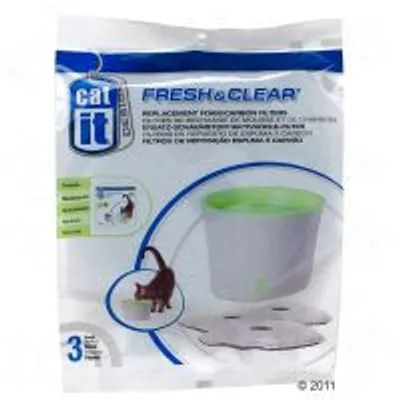 Catit Fresh & Clear filtri di ricambio per fontanella, confezione da 3 pezzi. Immagine di una fontanella bianca con bordo verde e un gatto che beve.
