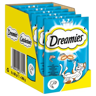 Pack de 6 bolsas Dreamies sabor salmón, cada una de 60 g. Texto visible: Dreamies, Catisfactions, 360 g. Imagen de gato y pescado en el envase.