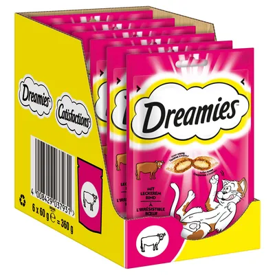 Pack de 6 bolsas Dreamies para gatos, sabor ternera. Peso total 360 g (6 x 60 g). Incluye ilustraciones de vaca y gato en el envase. Código de barras visible.
